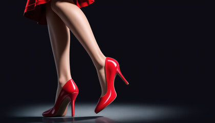 Red shoes. Women's legs. Walking woman. Fashion banner. Copy space
