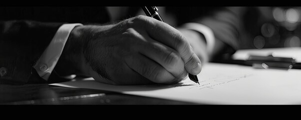 man's hand holding a black pen while signing a document, depicting finalizing a deal or agreement - obrazy, fototapety, plakaty