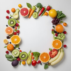 A creative frame made of assorted fruits and vegetables shaping with white copy space. Minimal food concept. Flat lay. 