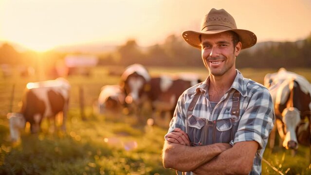 Smiling farmer with cattle in the background at sunset. Rural agriculture and livestock farming concept