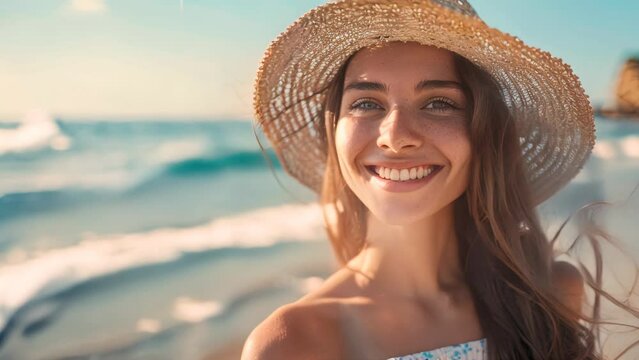 Smiling woman wearing straw hat at the beach. Casual outdoor summer portrait. Summer vacation and beach leisure concept