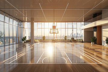 An empty basketball arena with a solitary figure on the court, bathed in the warm glow of the...