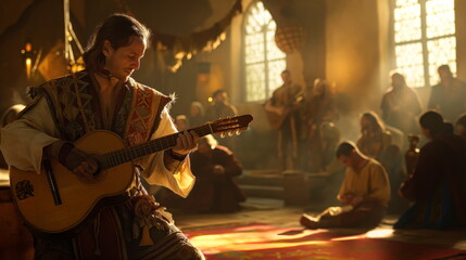 Bard strums a guitar, entertaining an audience in a traditional medieval hall adorned with intricate details - obrazy, fototapety, plakaty
