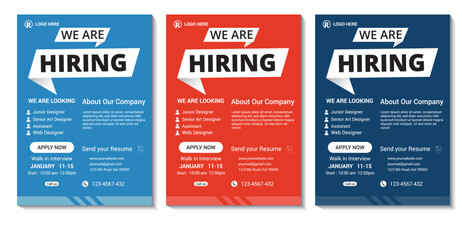 We are hiring flyer design bundle. Job Vacancy Flyer Template or We are hiring flyer template design. Job vacancy poster template design. Corporate Business flyer Design. Job offer leaflet template. - obrazy, fototapety, plakaty