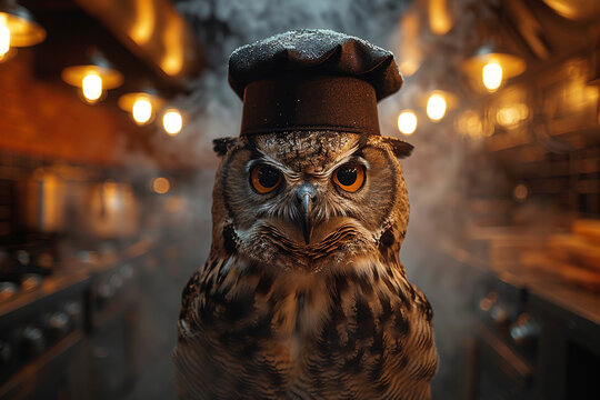Owl chef singing in a dark alley graffiti