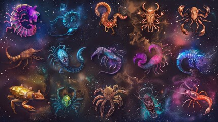 Twelve zodiacs concept. Horoscope Scorpius zodiac sign --ar 16:9 Job ID: aa8f5255-9117-450f-a42b-8678b64926c8 - obrazy, fototapety, plakaty