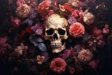 Surreal Skull flowers art. Vintage art dark. Generate Ai