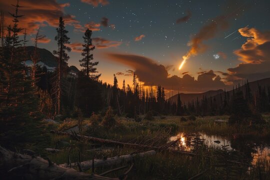 The silent, eerie glow of a meteorite, seconds before it shatters the tranquility of an untouched forest