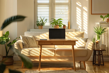 Spacious minimalist home office with ample natural light, featuring a sleek workstation and comfortable lounge area..