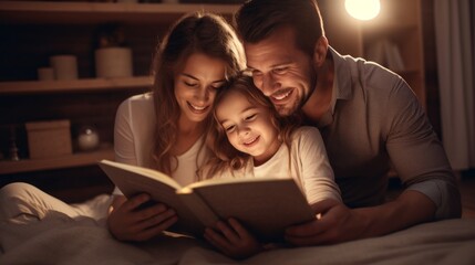 Smiling Dad and Mom, good Parents read a bedtime story to their daughter on the bed. Happy Moments, Family, Motherhood, Parenthood, Children concepts.