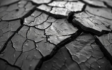 Detailed view of a cracked surface in black and white