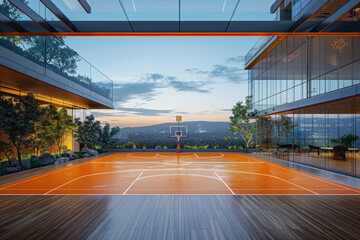 An empty basketball arena with a solitary figure on the court, bathed in the warm glow of the...
