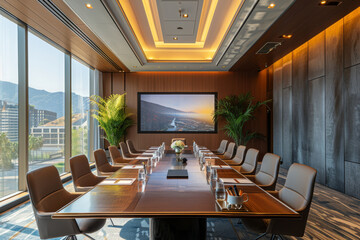 Contemporary conference room boasting a large wooden table, comfortable seating, and ample natural light creating an inviting meeting space..