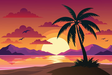 Fototapeta na wymiar Palm tree sunset tropical island with black tree isolated flat illustration