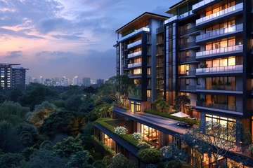 Photo sur Plexiglas Skyline Luxury apartment buildings surrounded by lush greenery, with the city skyline in the background as day transitions to night..