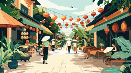 Vector illustration of a market scenery in Vietnam - obrazy, fototapety, plakaty