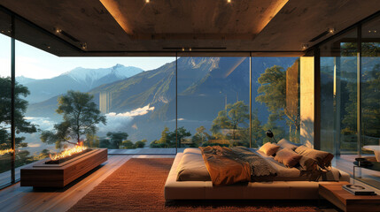 Fototapeta premium A tranquil bedroom retreat encased in glass walls, offering an immersive experience in a mountainous setting, complete with a cozy fireplace.