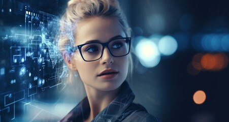 Save Download Preview Face of beautiful European woman in glasses with double exposure of blurry network interface. Concept of artificial intelligence and machine learning.
