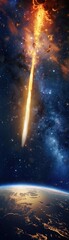 The descent of a titanic meteorite, Earths landscape illuminated beneath