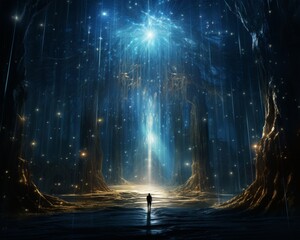 Mystical illumination. beams of light in dark starry sky cast shadow of a person in enchanting cave