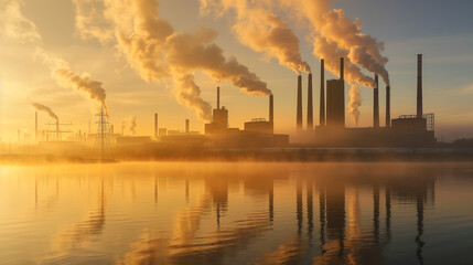 Industrial Smokestacks Emitting Smoke at Sunrise Reflecting on Water