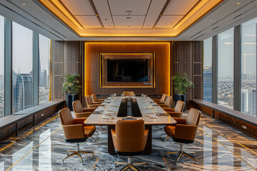 Upscale meeting room with tan leather chairs, artistic ceiling lighting, and a large monitor for presentations..
