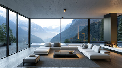 A luxurious minimalist living room with floor-to-ceiling windows offering a breathtaking view of...