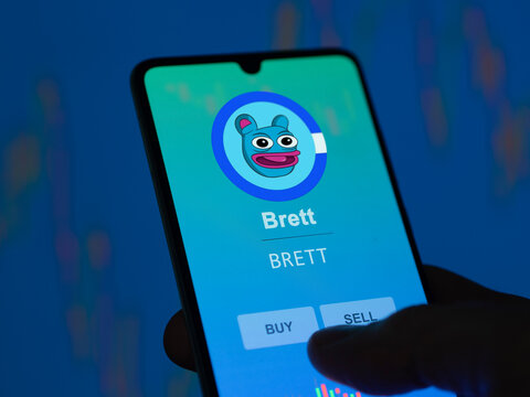 March 31th 2024, investor analyzing the price of $brett Brett memecoin on a stock exchange phone application.