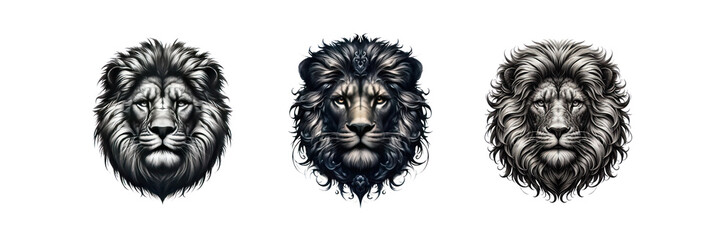 Obraz premium Set of lion face tattoo illustration, isolated over on transparent white background