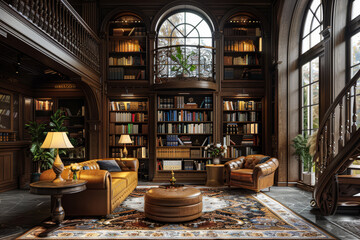 Opulent and sophisticated home library featuring dark wood bookshelves, plush seating, and ambient lighting.. - obrazy, fototapety, plakaty