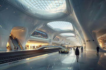 Spacious and modern futuristic train station interior with dynamic curves and reflective surfaces creating an ethereal atmosphere.. - Powered by Adobe