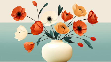 Stylized Red and White Poppies in a Classic Vase Illustration