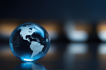 transparent glass globe on a reflective surface