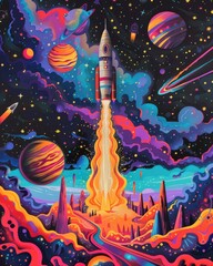 Bold rocket zooms into a fantastical space scene with vivid planets and luminous stars