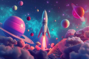 Soaring rocket in a fantastical space scene, surrounded by vivid planets and luminous stars
