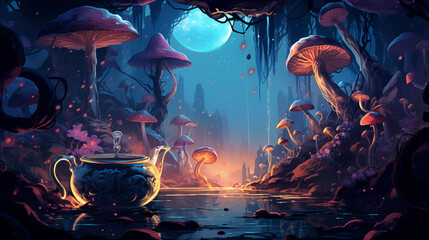 Fantasy Mushroom Forest with Teapot and Moonlight - obrazy, fototapety, plakaty