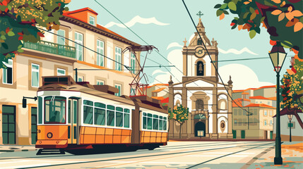 Vector illustration of a typical tramway in front o - obrazy, fototapety, plakaty