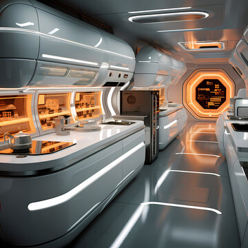 A futuristic kitchen with automated cooking.