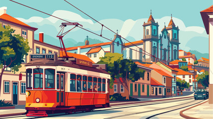 Vector illustration of a typical tramway in front o - obrazy, fototapety, plakaty