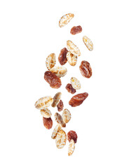 Cereals with raisin in the air close up on a transparent background
