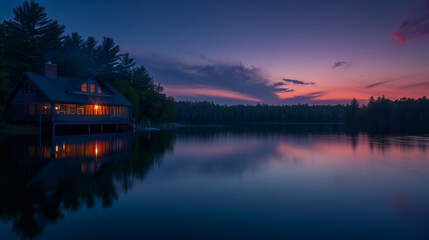Fototapeta premium Tranquil River Sunset with Reflective Water and Orange Horizon