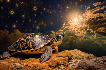 A turtle is looking up at the stars in the sky. The image has a dreamy, peaceful mood, as the turtle seems to be contemplating the vastness of the universe - obrazy, fototapety, plakaty