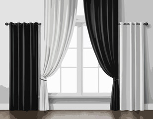 Black and white curtains set, 3d open and closed silk, velvet or satin curtains drap