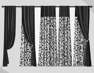Black and white curtains set, 3d open and closed silk, velvet or satin curtains drap