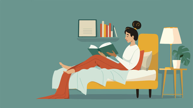 Vector illustration of a woman reading in bed flat