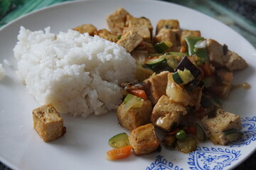 Fried tofu, stir fry, fried vegetables, rice, chinese cuisine, cooking