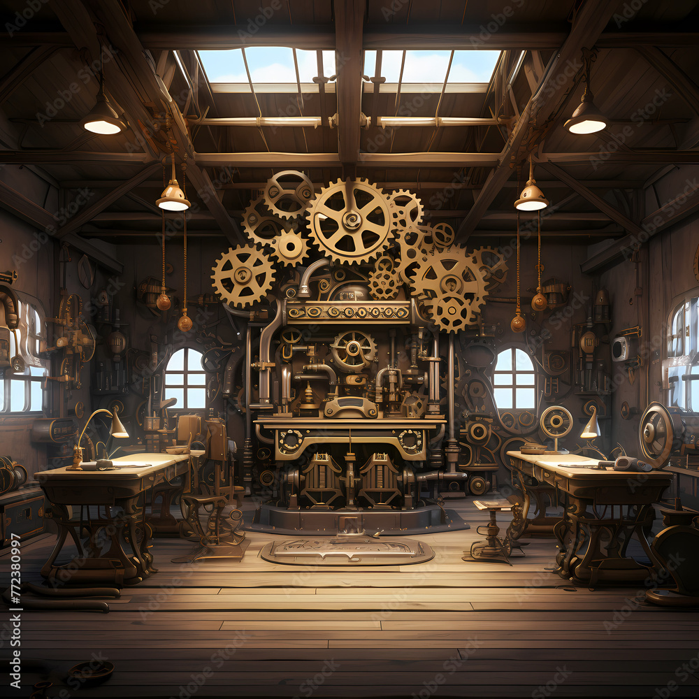 Poster A steampunk-inspired workshop with gears and cogs.