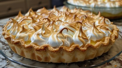 A lemon meringue pie on a plate, a delicious baked goods option