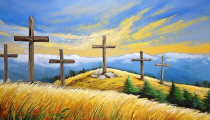 Wooden crosses on a hill, place of pilgrimage.