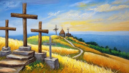 Wooden crosses on a hill, place of pilgrimage.